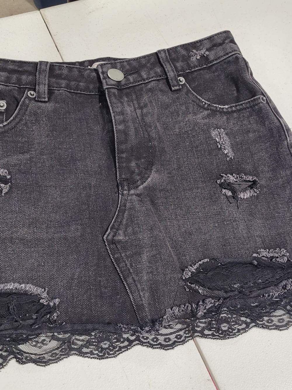Adam Levine Collection Black Distressed Denim Mini Skirt with Lace Trim